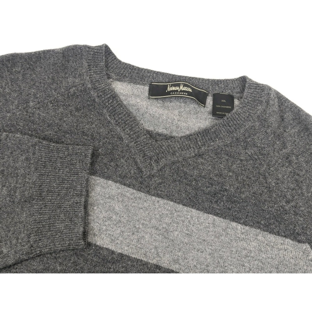Neiman Marcus‎ Cashmere V Neck Sweater Mens XXL Gray Striped Winter